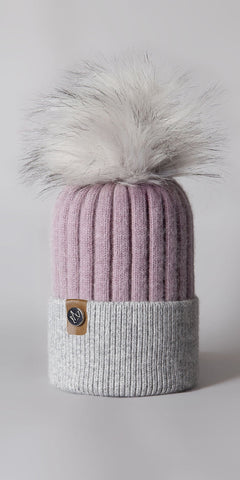 LUXY Harley Faux Fur 2 Tone Cable Hat in Mauve & Grey