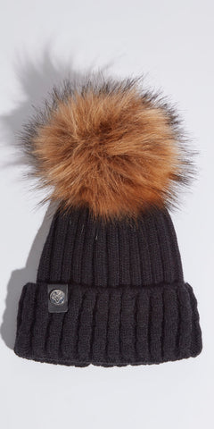 LUXY Boston Hat in Black with Natural Faux Fur Pom