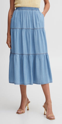 b young LANA Long Skirt in Light Blue Denim
