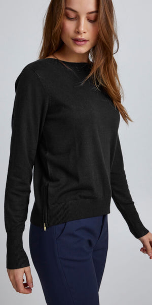 PULZ Jeans SARA Boatneck Zipper Pullover in Black Beauty - TheSecretCloset.Boutique
